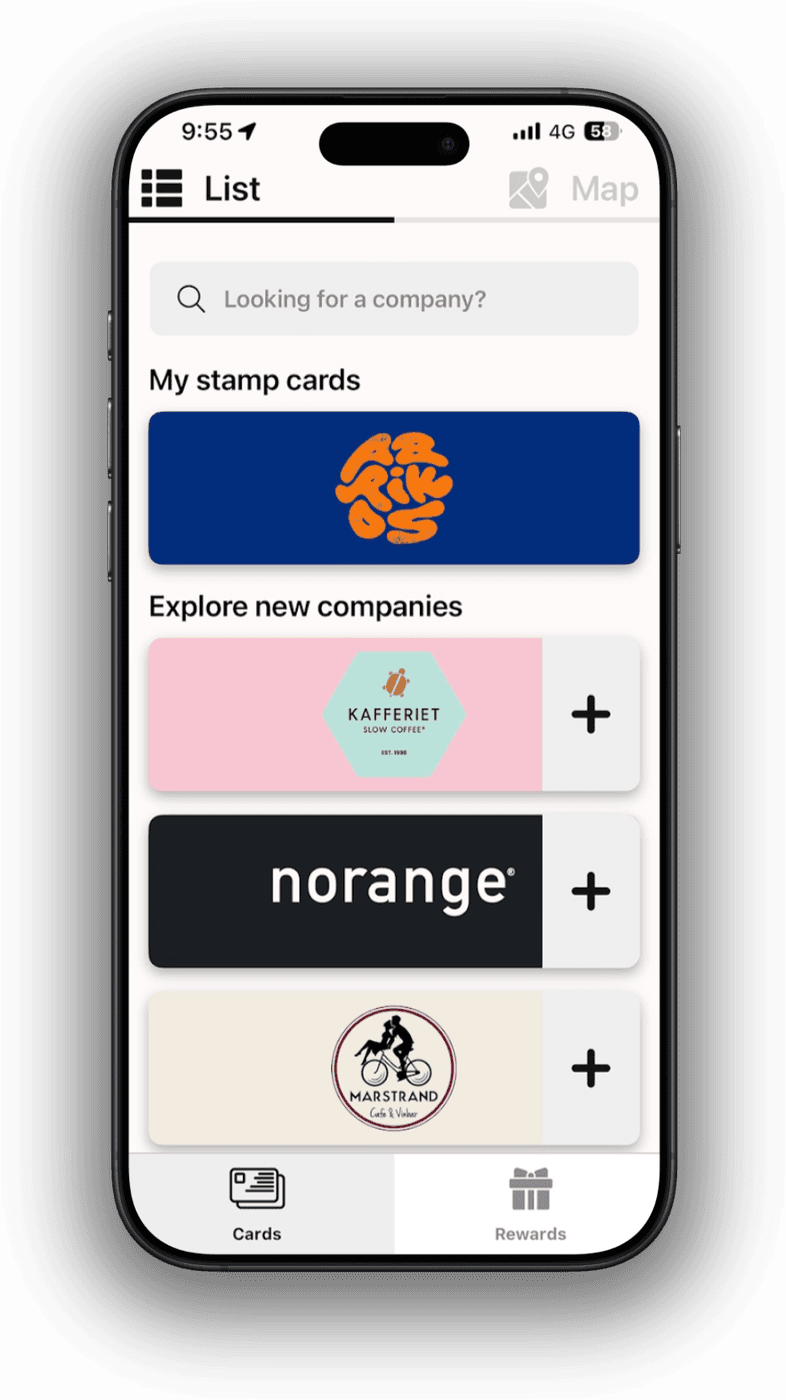 Dash app listing a user's stamp cards and nearby companies to add