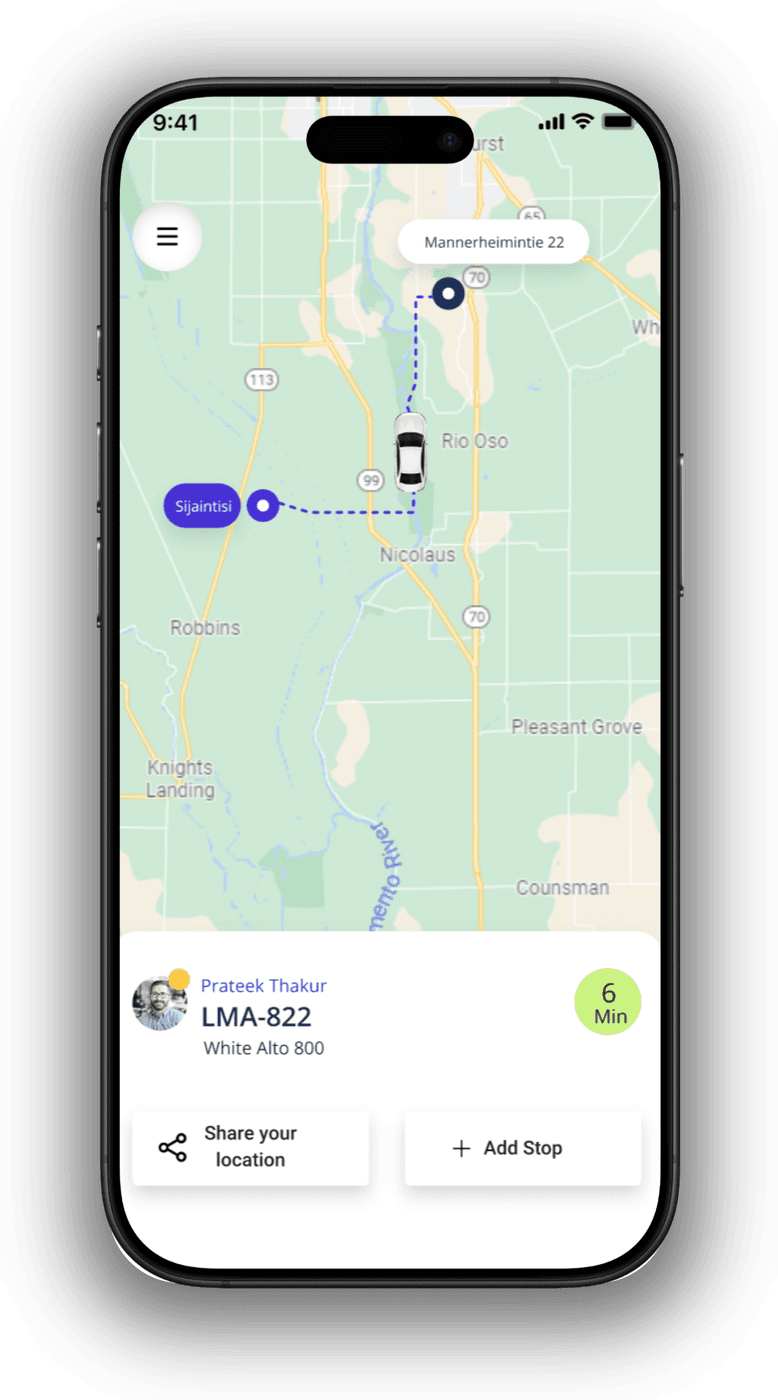 Good Way app showing a live ride on a map and a car approaching the pickup pin