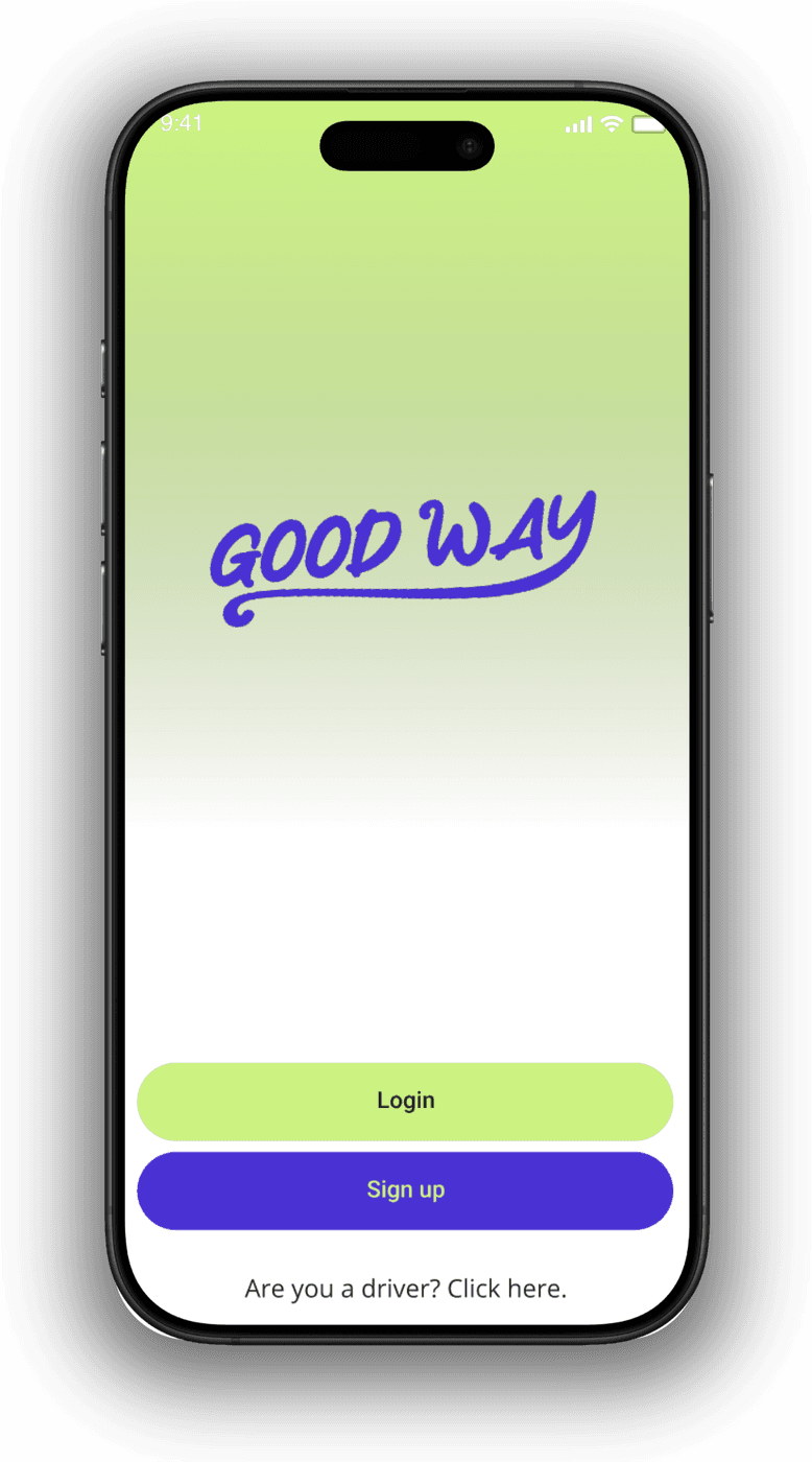 Good Way app welcome screen with the Good Way logo, login and sign-up buttons